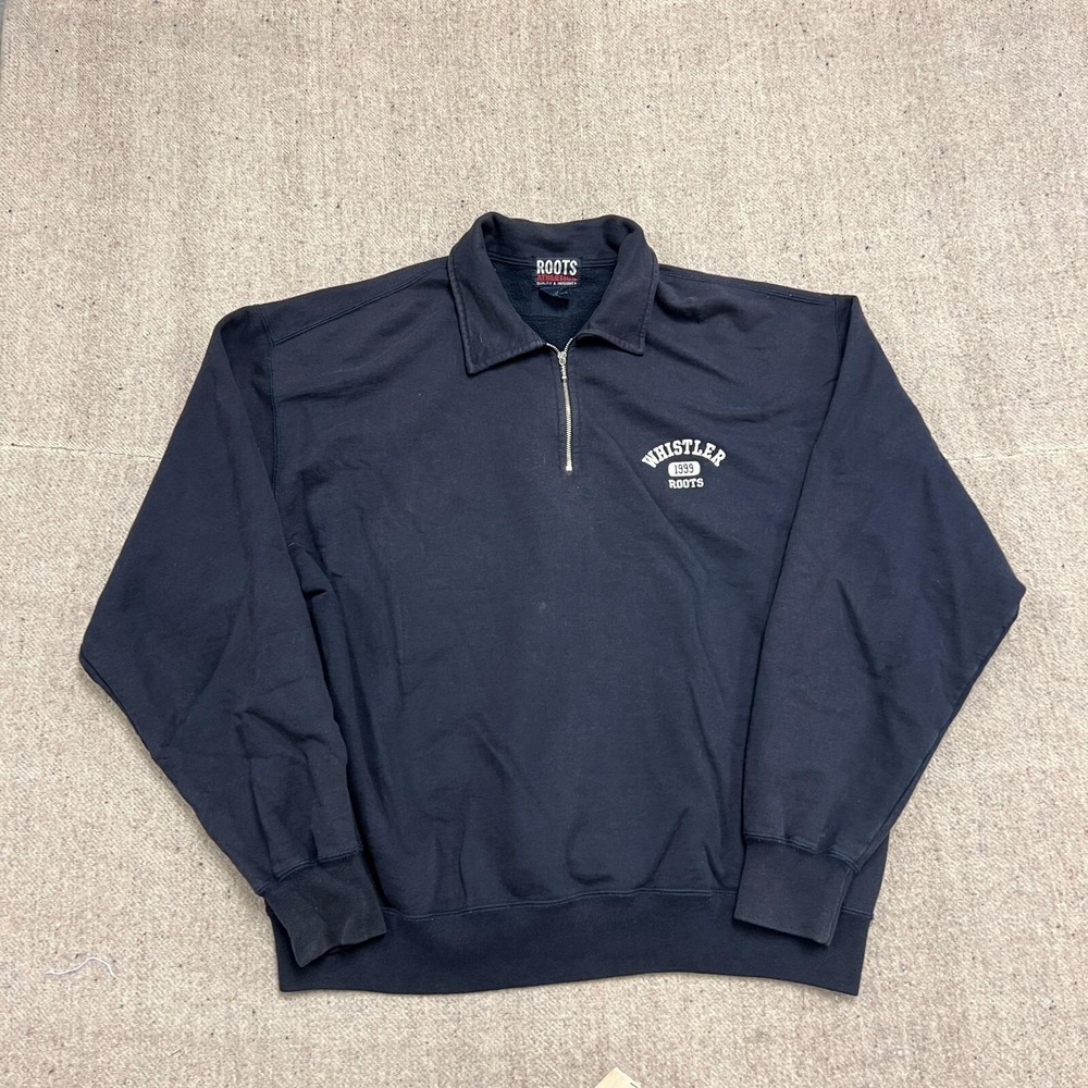 Vintage Whistler Sweatshirt Mens XL Blue‎ 1990s Roots 1/4 Zip British Columbia